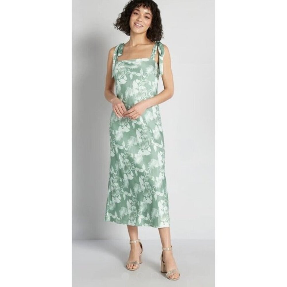 NEW Hutch ModCloth Shoulder Tie Size 0 Midi Dress Green Print Lined Poly